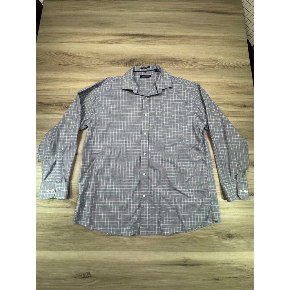 Tommy Hilfiger Mens Regular Fit Stretch Wrinkle Resistant Blue Plaid Shirt XL‎